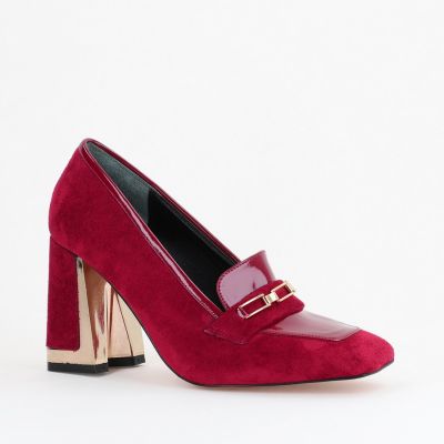 Pantofi Damă cu Toc Gros din Piele Ecologică întoarsă bordo BS25AY2402725