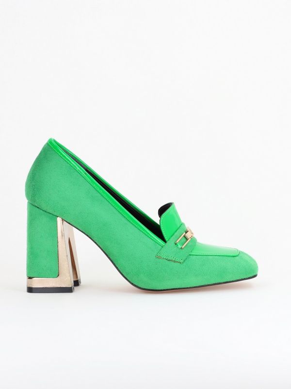 Pantofi Damă cu Toc Gros din Piele Ecologică întoarsă verde BS25AY2402718 122