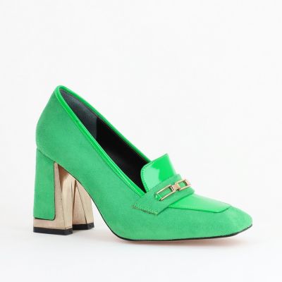 Pantofi Damă cu Toc Gros din Piele Ecologică întoarsă verde BS25AY2402718