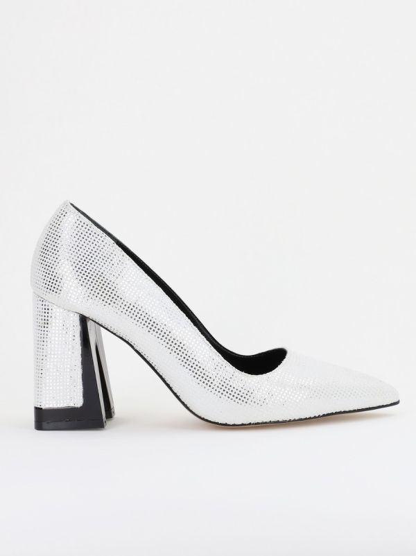 Pantofi Damă cu Toc Gros din Piele Ecologică texturată argintiu BS02-1AY2402743 122