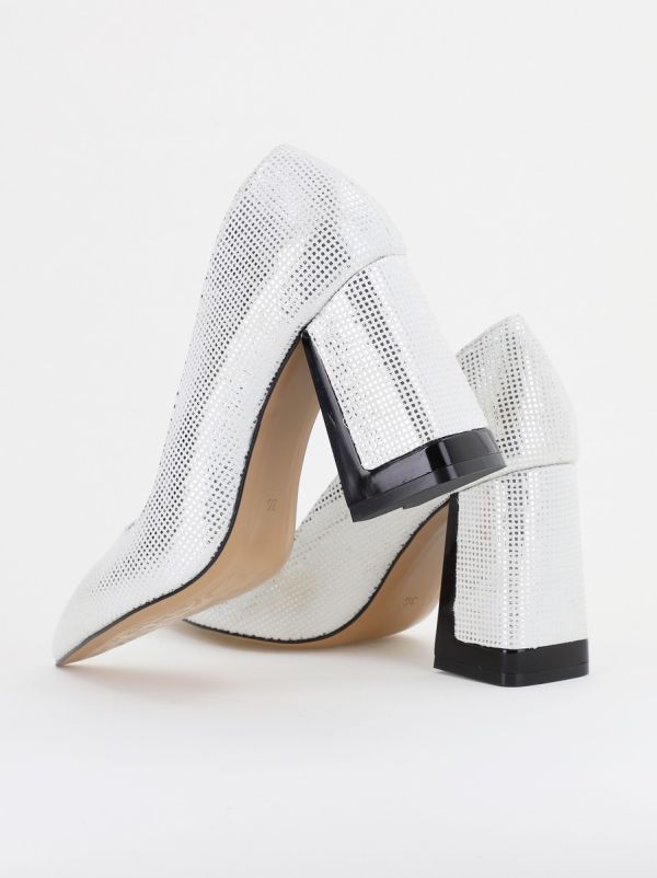 Pantofi Damă cu Toc Gros din Piele Ecologică texturată argintiu BS02-1AY2402743 127