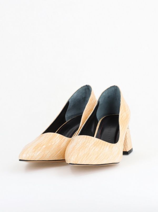 Pantofi Damă cu Toc Gros din Piele Ecologică texturată bej (BS51AY2402713) 124