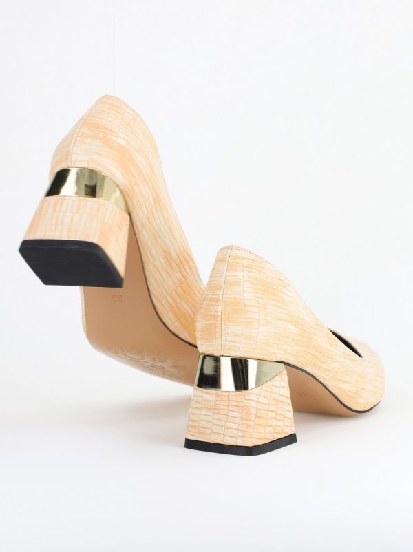 Pantofi Damă cu Toc Gros din Piele Ecologică texturată bej (BS51AY2402713) 122