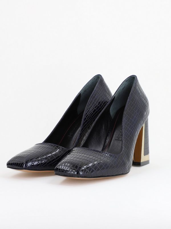 Pantofi Damă cu Toc Gros din Piele Ecologică texturată bleumarin BS20AY2402728 120