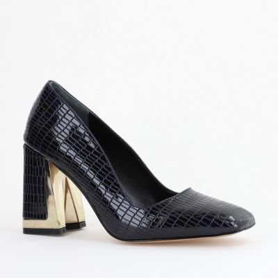 Pantofi Damă cu Toc Gros din Piele Ecologică texturată bleumarin BS20AY2402728