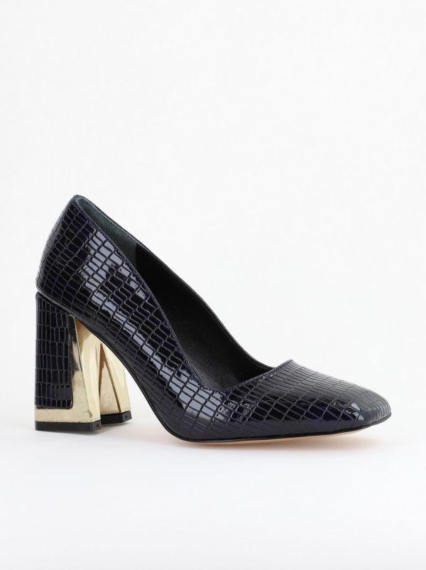 Incaltaminte Dama - Pantofi Damă cu Toc Gros din Piele Ecologică texturată bleumarin BS20AY2402728