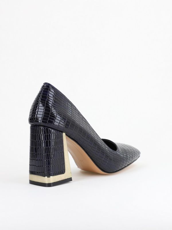 Pantofi Damă cu Toc Gros din Piele Ecologică texturată bleumarin BS20AY2402728 124