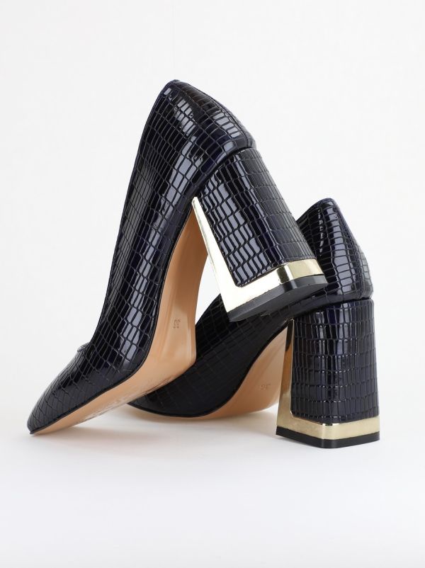 Pantofi Damă cu Toc Gros din Piele Ecologică texturată bleumarin BS20AY2402728 125