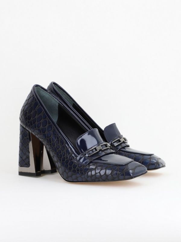 Pantofi Damă cu Toc Gros din Piele Ecologică texturată bleumarin BS25AY2402721 122