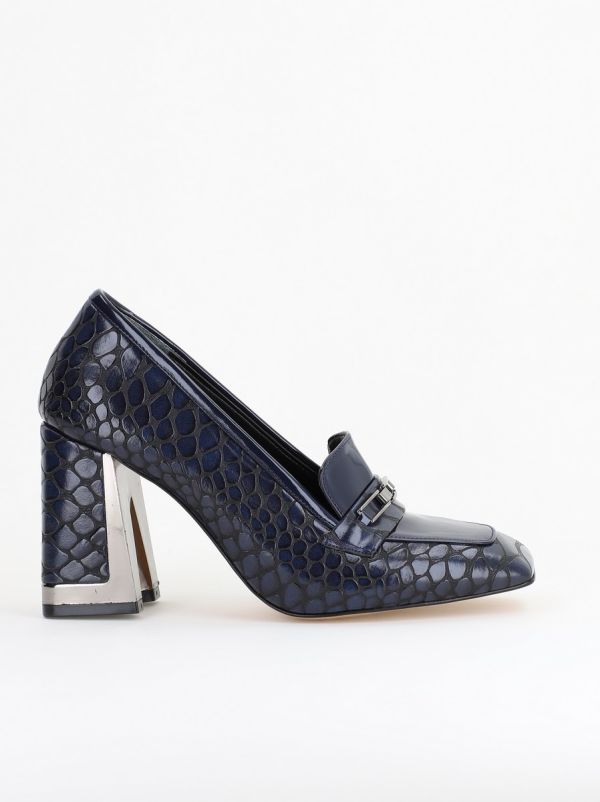 Pantofi Damă cu Toc Gros din Piele Ecologică texturată bleumarin BS25AY2402721 124
