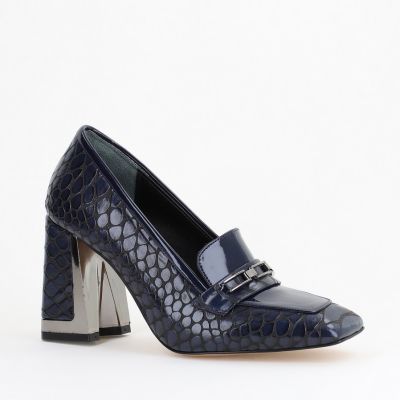 Pantofi Damă cu Toc Gros din Piele Ecologică texturată bleumarin BS25AY2402721