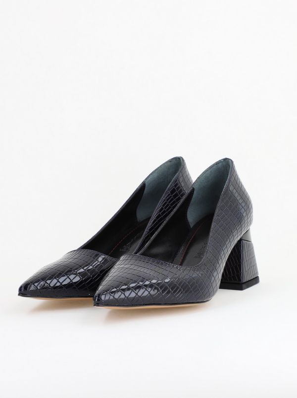 Pantofi Damă cu Toc Gros din Piele Ecologică texturată Bleumarin (BS51AY2402709) 124