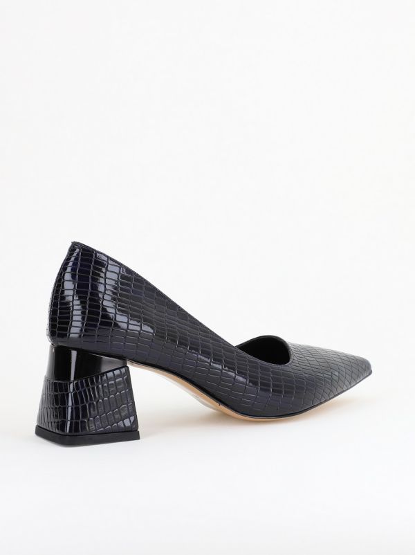 Pantofi Damă cu Toc Gros din Piele Ecologică texturată Bleumarin (BS51AY2402709) 126