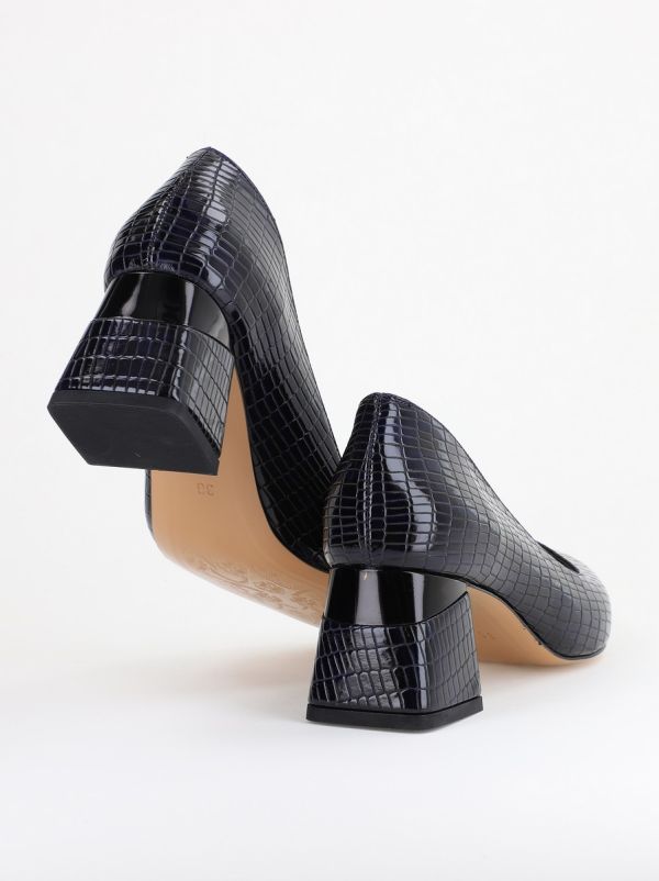 Pantofi Damă cu Toc Gros din Piele Ecologică texturată Bleumarin (BS51AY2402709) 122