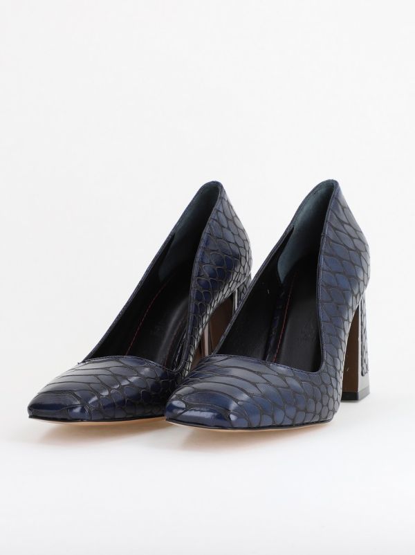 Pantofi Damă cu Toc Gros din Piele Ecologică texturată bleumarin BS02AY2402754 120