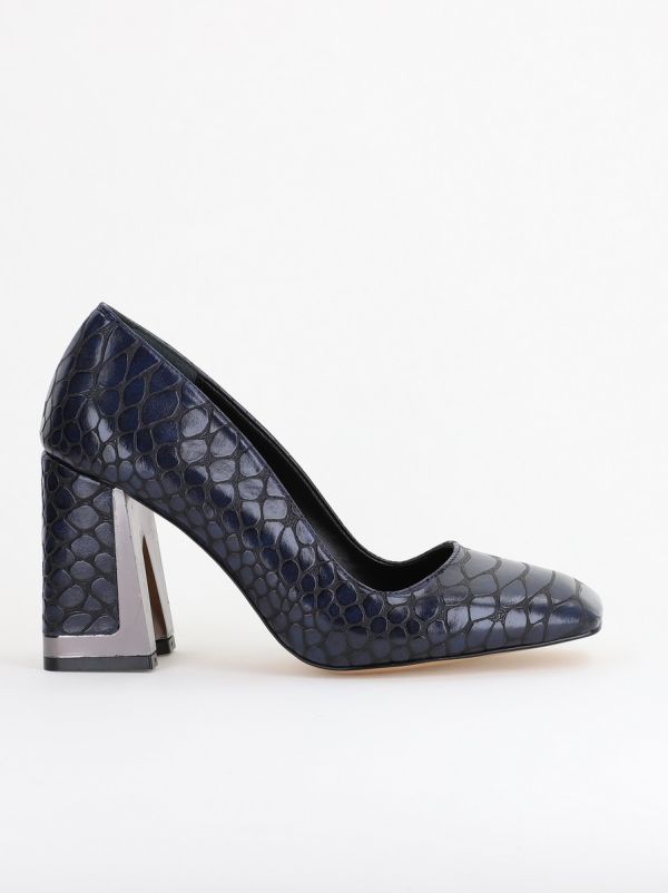 Pantofi Damă cu Toc Gros din Piele Ecologică texturată bleumarin BS02AY2402754 121