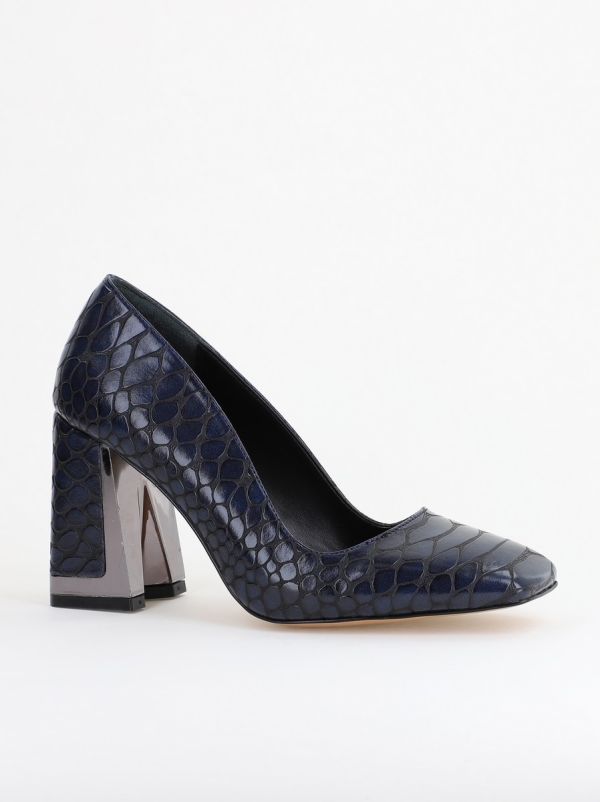 Incaltaminte Dama - Pantofi Damă cu Toc Gros din Piele Ecologică texturată bleumarin BS02AY2402754