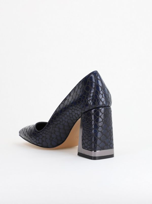 Pantofi Damă cu Toc Gros din Piele Ecologică texturată bleumarin BS02AY2402754 124