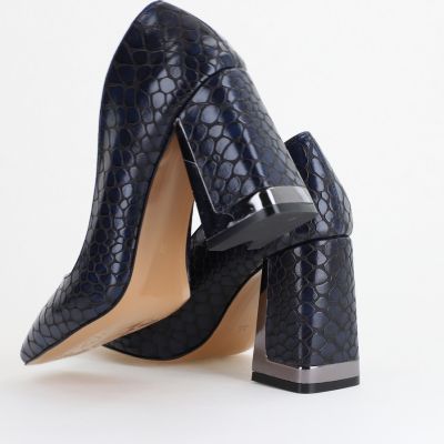 Pantofi Damă cu Toc Gros din Piele Ecologică texturată bleumarin BS02AY2402754