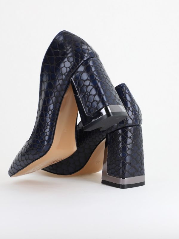 Pantofi Damă cu Toc Gros din Piele Ecologică texturată bleumarin BS02AY2402754 119