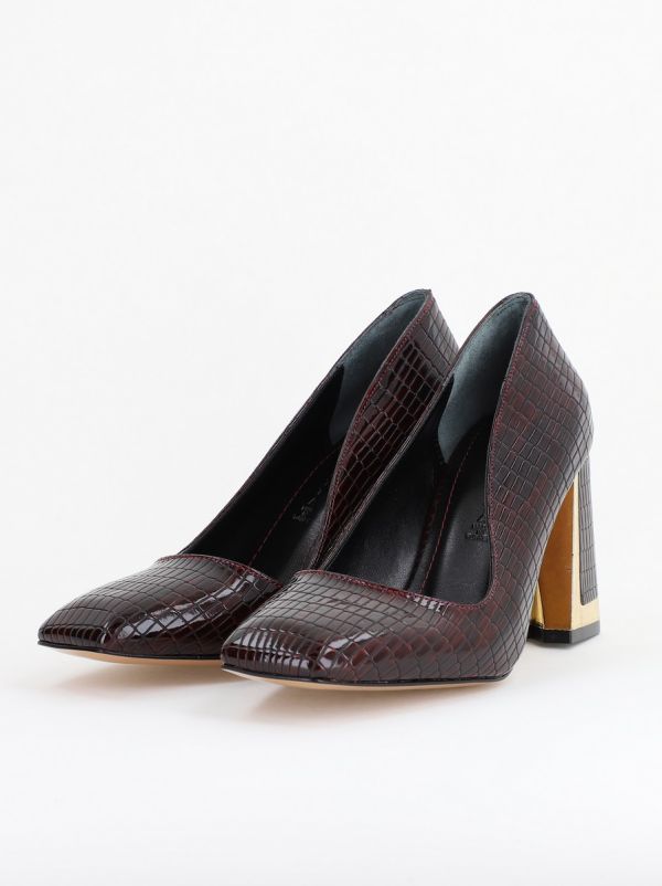 Pantofi Damă cu Toc Gros din Piele Ecologică texturată bordo BS20AY2402727 122