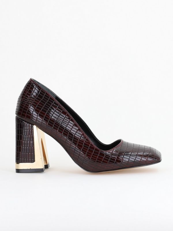 Pantofi Damă cu Toc Gros din Piele Ecologică texturată bordo BS20AY2402727 124