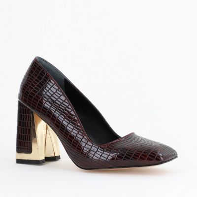 Pantofi Damă cu Toc Gros din Piele Ecologică texturată bordo BS20AY2402727