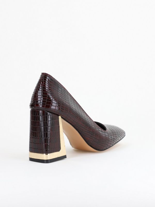 Pantofi Damă cu Toc Gros din Piele Ecologică texturată bordo BS20AY2402727 126
