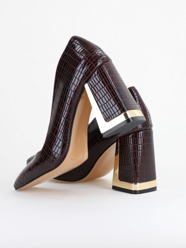 Pantofi Damă cu Toc Gros din Piele Ecologică texturată bordo BS20AY2402727 120