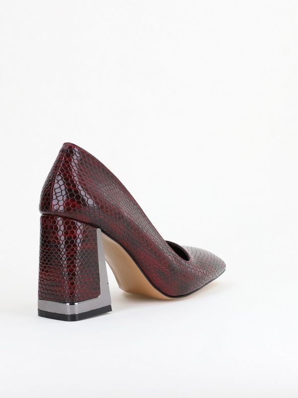 Pantofi Damă cu Toc Gros din Piele Ecologică texturată bordo BS20AY2402759 123