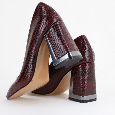 Pantofi Damă cu Toc Gros din Piele Ecologică texturată bordo BS20AY2402729