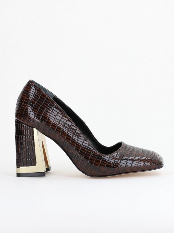 Pantofi Damă cu Toc Gros din Piele Ecologică texturată cafeniu BS20AY2402734 124