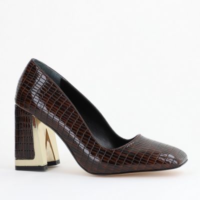 Pantofi Damă cu Toc Gros din Piele Ecologică texturată cafeniu BS20AY2402734