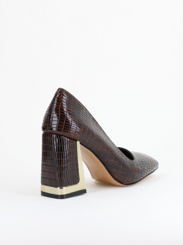 Pantofi Damă cu Toc Gros din Piele Ecologică texturată cafeniu BS20AY2402734 126