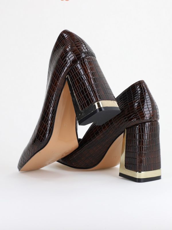 Pantofi Damă cu Toc Gros din Piele Ecologică texturată cafeniu BS20AY2402734 120