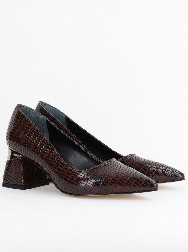 Pantofi Damă cu Toc Gros din Piele Ecologică texturată Cafeniu (BS51AY2402705) 122