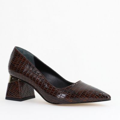 Pantofi Damă cu Toc Gros din Piele Ecologică texturată Cafeniu (BS51AY2402705)