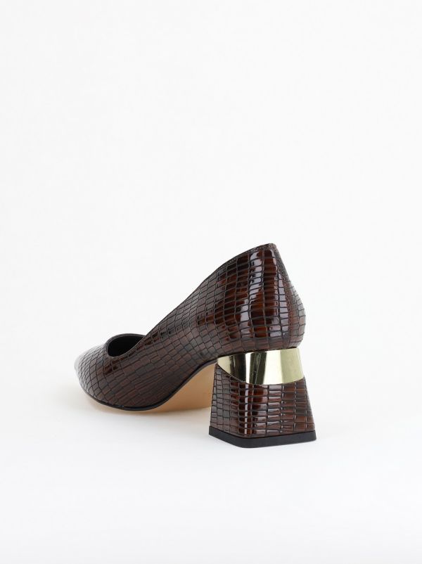 Pantofi Damă cu Toc Gros din Piele Ecologică texturată Cafeniu (BS51AY2402705) 127
