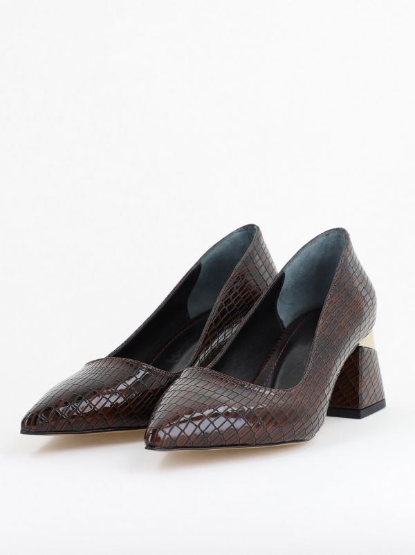 Pantofi Damă cu Toc Gros din Piele Ecologică texturată Cafeniu (BS51AY2402705) 129