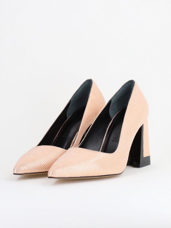 Pantofi Damă cu Toc Gros din Piele Ecologică texturată champagne BS02-1AY2402745 120