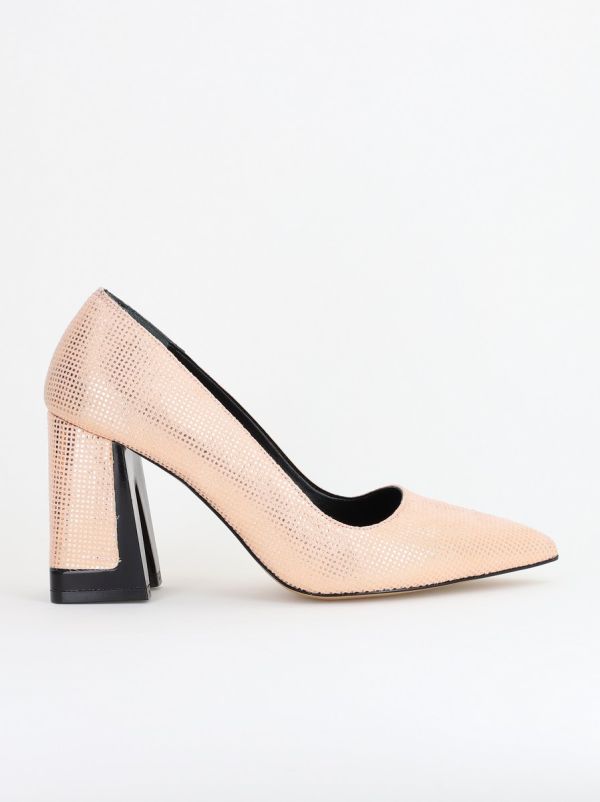 Pantofi Damă cu Toc Gros din Piele Ecologică texturată champagne BS02-1AY2402745 122