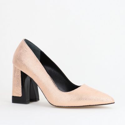 Pantofi Damă cu Toc Gros din Piele Ecologică texturată champagne BS02-1AY2402745