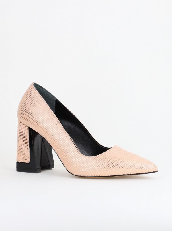 Incaltaminte Dama - Pantofi Damă cu Toc Gros din Piele Ecologică texturată champagne BS02-1AY2402745