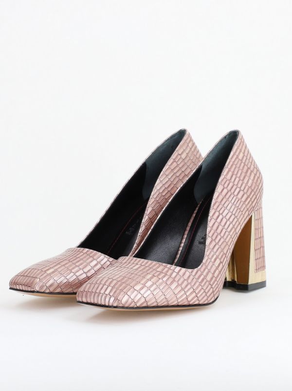 Pantofi Damă cu Toc Gros din Piele Ecologică texturată roz sampanie BS20AY2402730 122