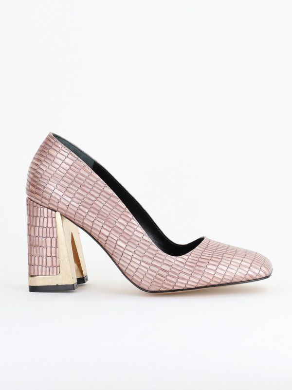 Pantofi Damă cu Toc Gros din Piele Ecologică texturată roz sampanie BS20AY2402730 124