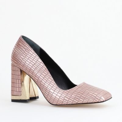 Pantofi Damă cu Toc Gros din Piele Ecologică texturată roz sampanie BS20AY2402730
