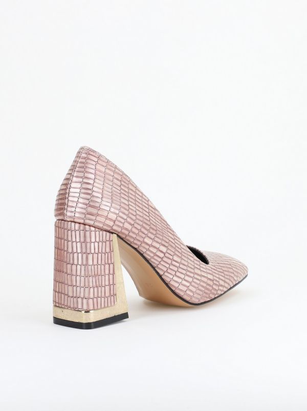 Pantofi Damă cu Toc Gros din Piele Ecologică texturată roz sampanie BS20AY2402730 126