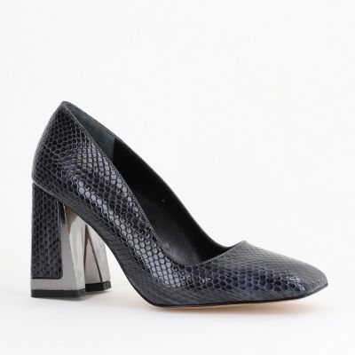 Pantofi Damă cu Toc Gros din Piele Ecologică texturată gri inchis BS20AY2402732