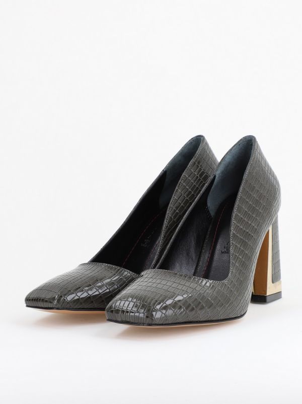 Pantofi Damă cu Toc Gros din Piele Ecologică texturată kaki BS20AY2402729 120