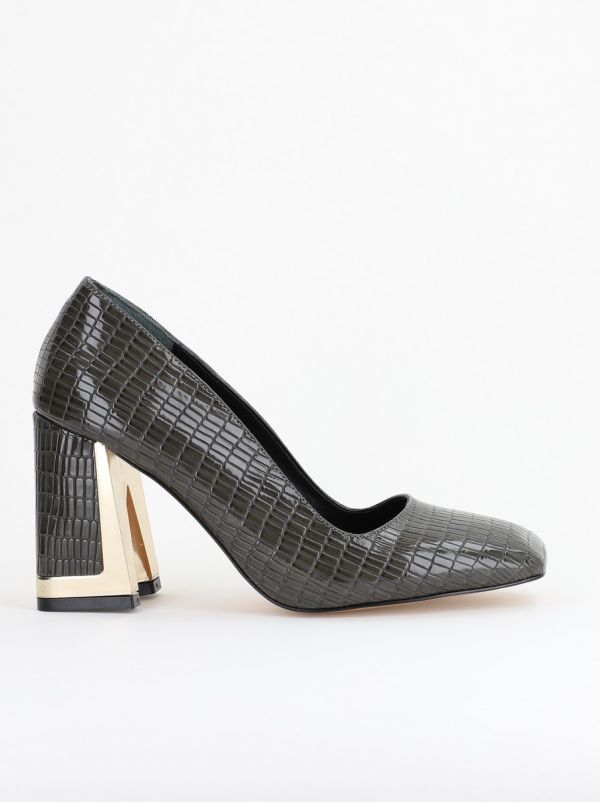 Pantofi Damă cu Toc Gros din Piele Ecologică texturată kaki BS20AY2402729 122